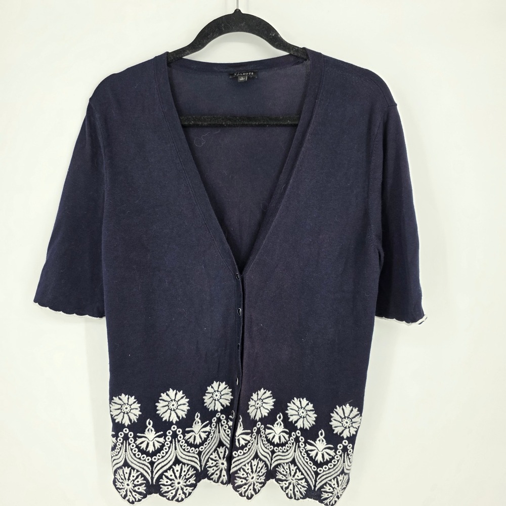 Talbots Navy Blue Embroidered VNeck Short Sleeve Button Front Cardigan Sweater L